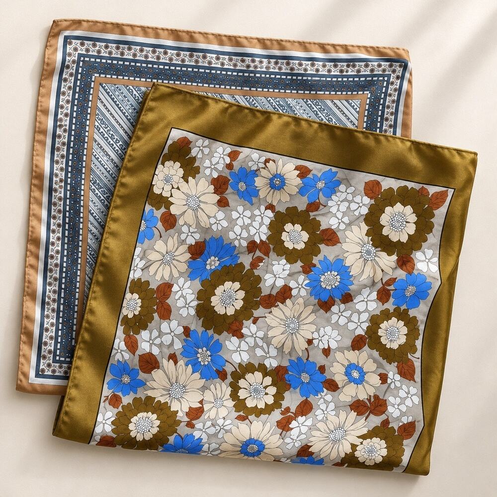 VTG Scarves Lot of 2 Blue Brown Floral & Striped 70s Mod Retro